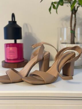 Target Neutral Tan Block Heel Sandals with Ankle Strap